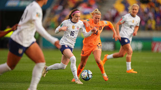 USWNT midfielder Rose Lavelle controls the ball against Netherlands at the Women's World Cup.